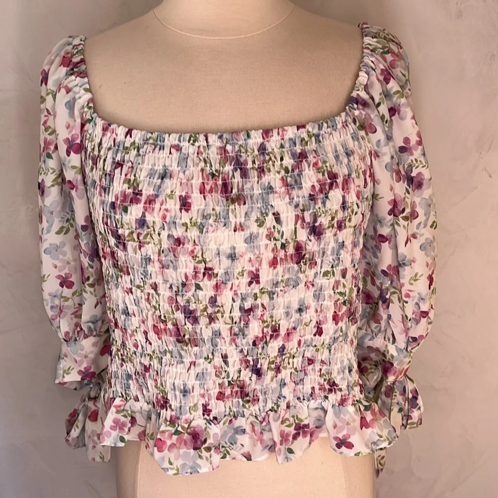 Fashion To Figure White,pink,blue,purple & green Floral Top w/tie sleeves - Picture 8 of 16